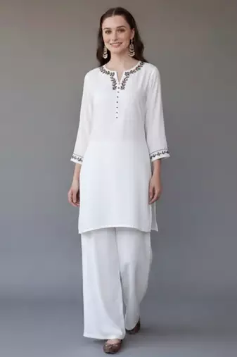 White  embroidered rayon kurta set