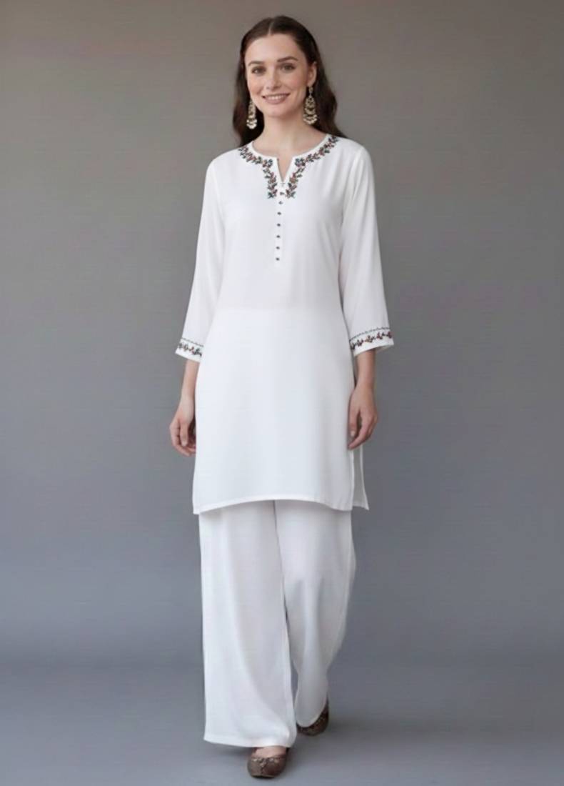 White  embroidered rayon kurta set