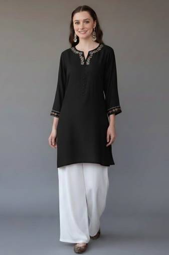 Black embroidered rayon kurta set