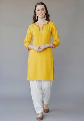 Yellow  embroidered rayon kurta set 1