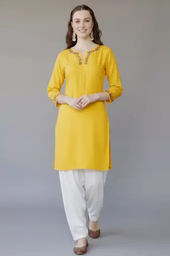 Yellow  embroidered rayon kurta set