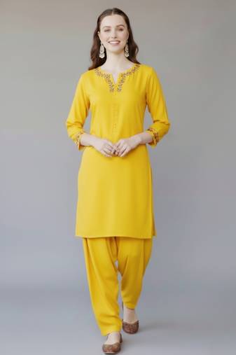 Yellow embroidered rayon kurta set