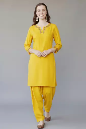 Yellow embroidered rayon kurta set