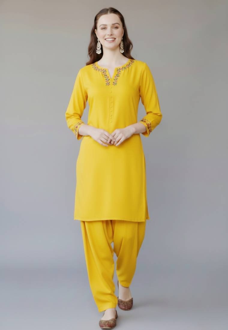 Yellow embroidered rayon kurta set