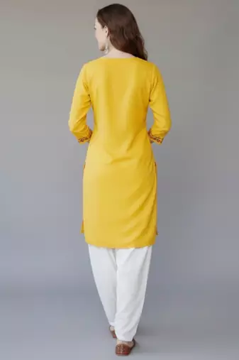 Yellow  embroidered rayon kurta set