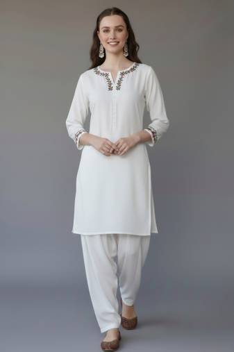 White embroidered rayon kurta set