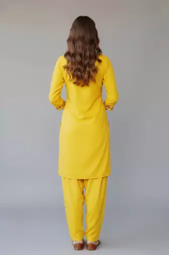 Yellow embroidered rayon kurta set