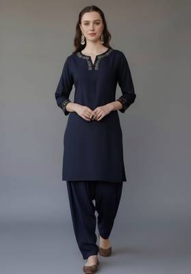 Navy embroidered rayon kurta set 1