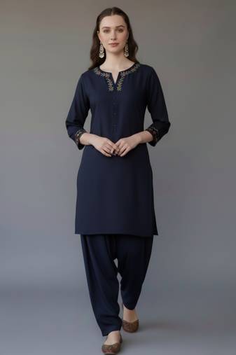 Navy embroidered rayon kurta set