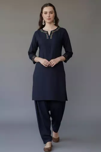 Navy embroidered rayon kurta set