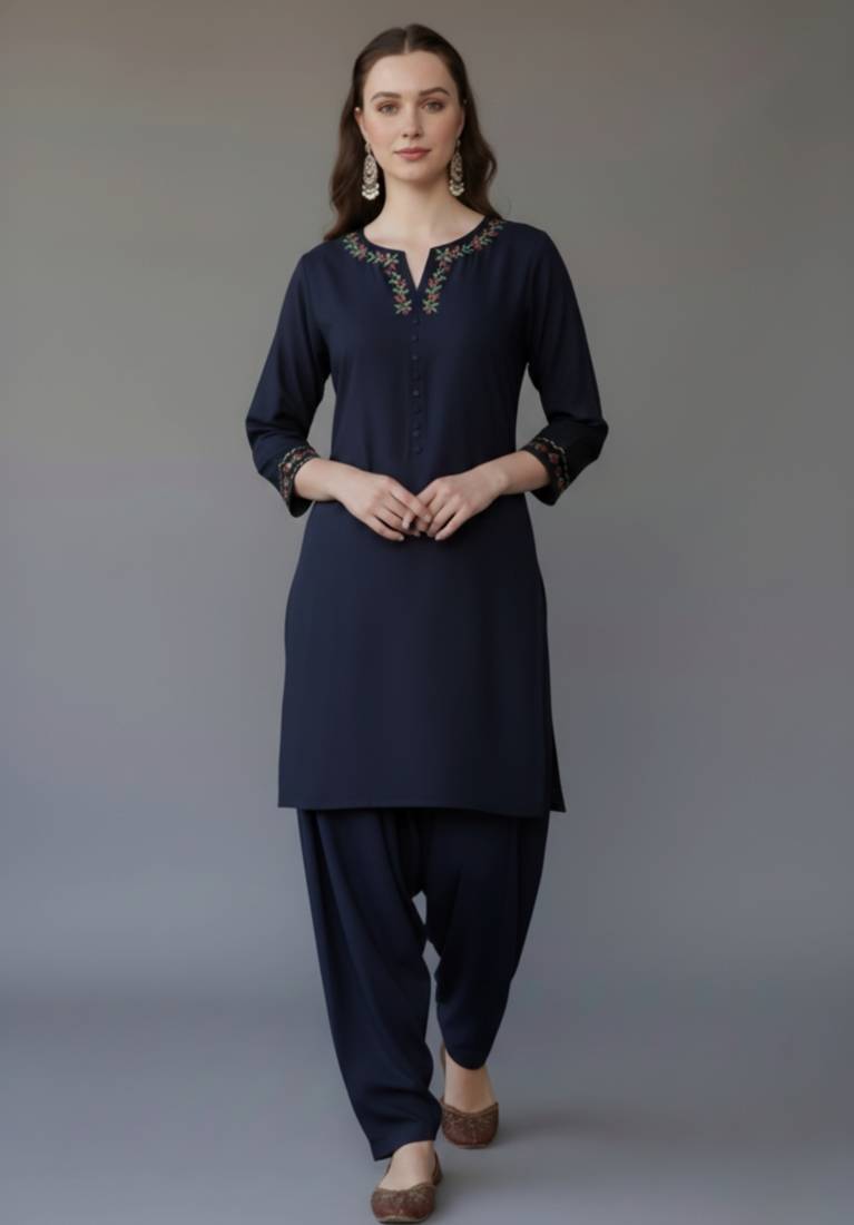 Navy embroidered rayon kurta set