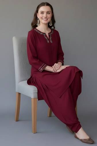 Maroon embroidered rayon kurta set