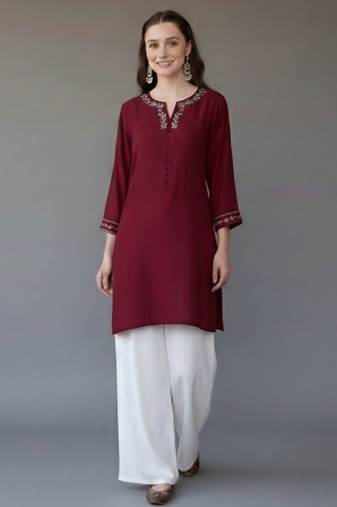 Maroon embroidered rayon kurta set