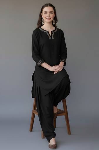 Black embroidered rayon kurta set