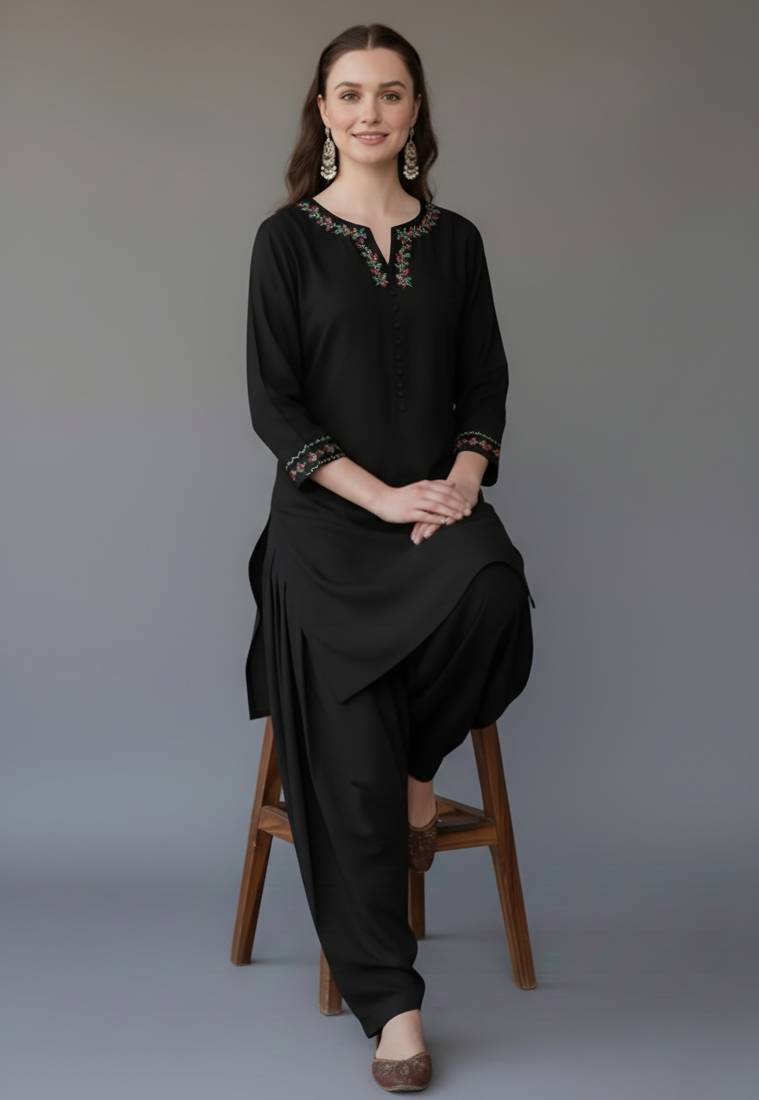Black embroidered rayon kurta set