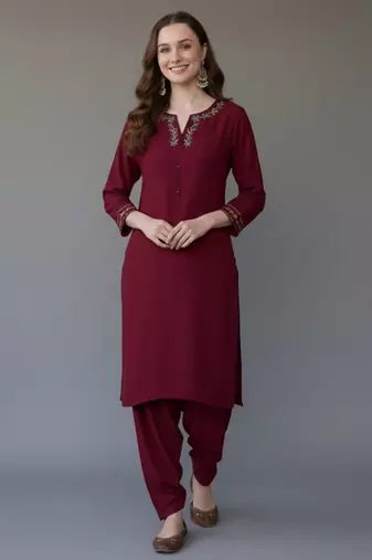 Maroon embroidered rayon kurta set