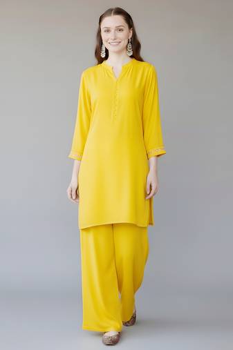 Yellow embroidered rayon kurta set