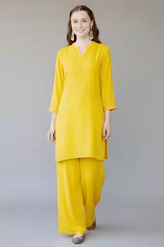 Yellow embroidered rayon kurta set