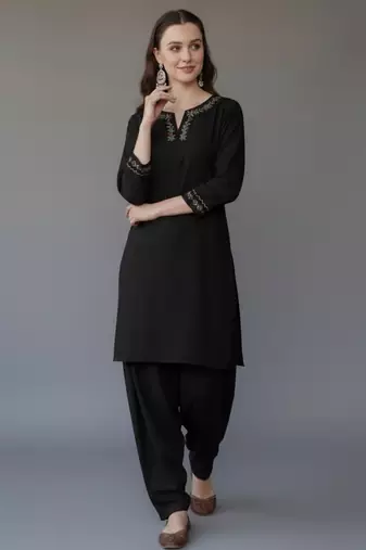Black embroidered rayon kurta set