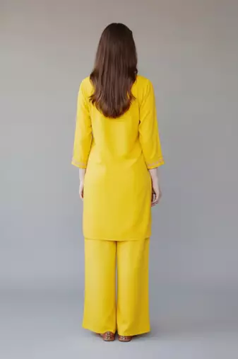 Yellow embroidered rayon kurta set