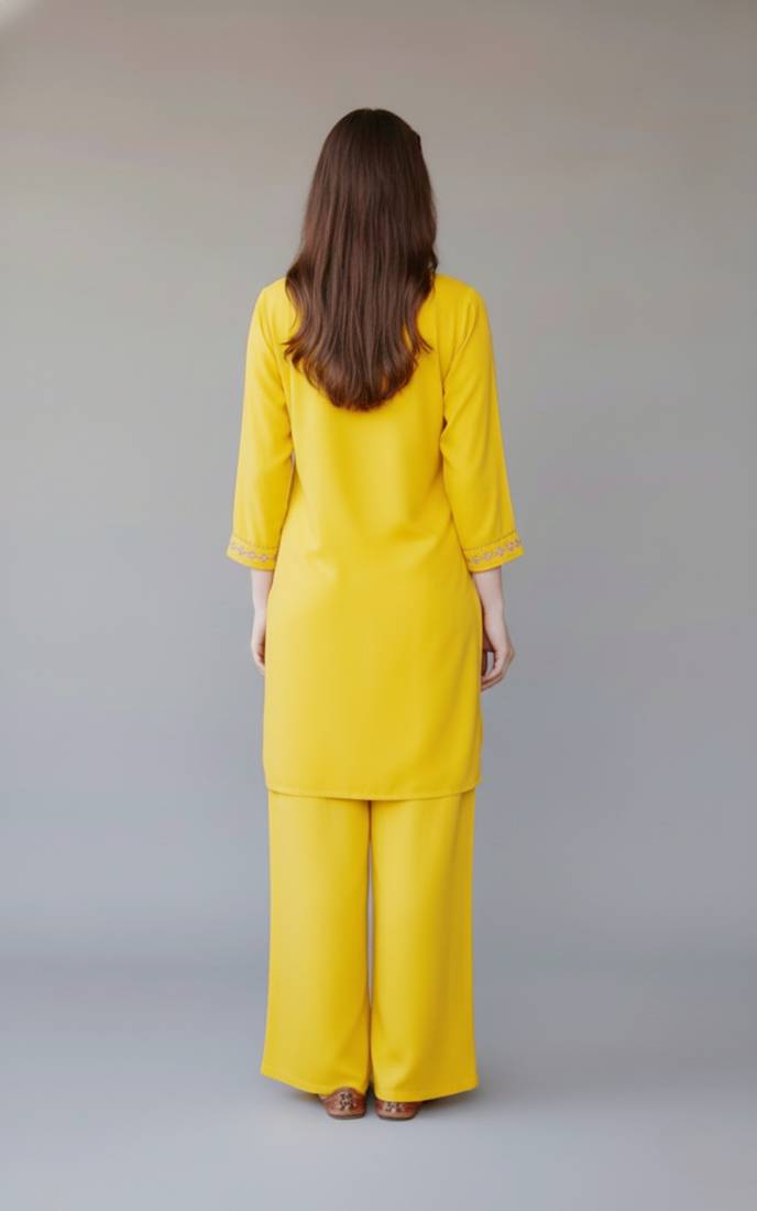 Yellow embroidered rayon kurta set