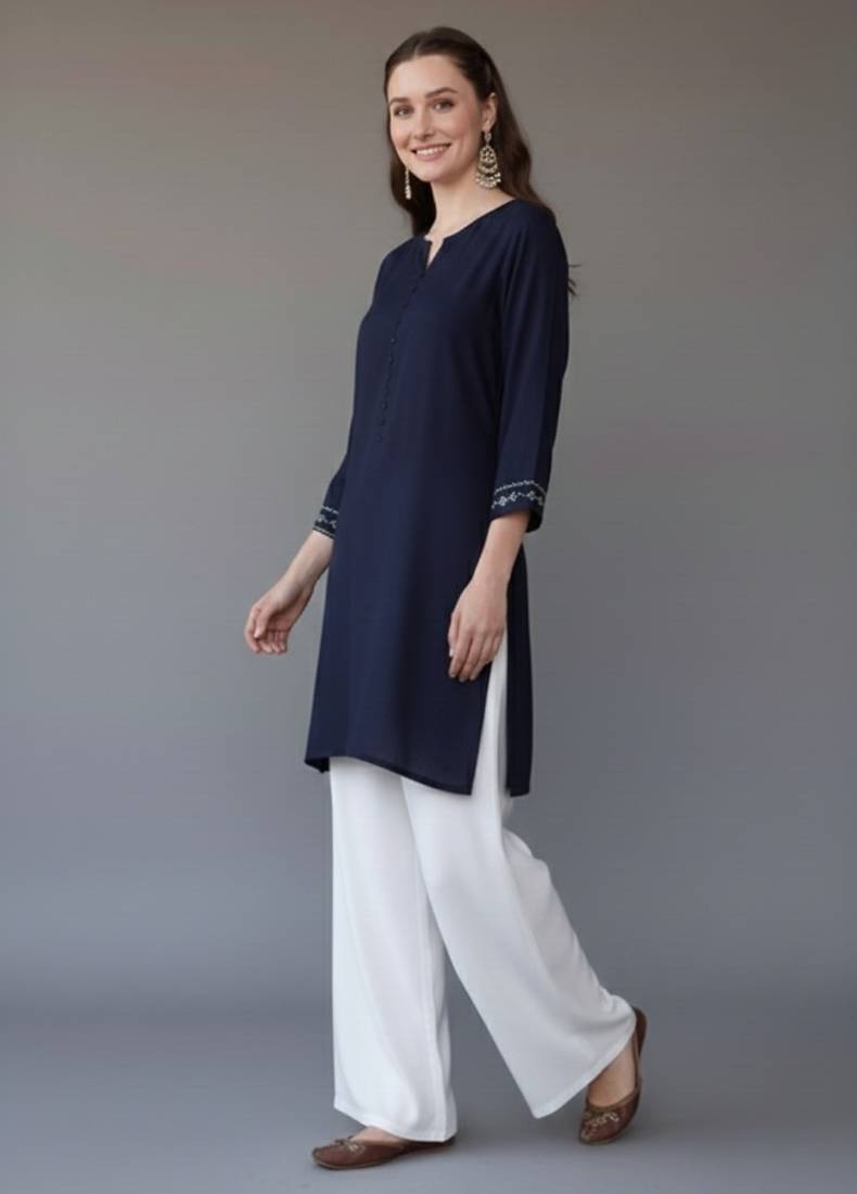 Navy embroidered rayon kurta set
