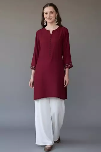 Maroon embroidered rayon kurta set