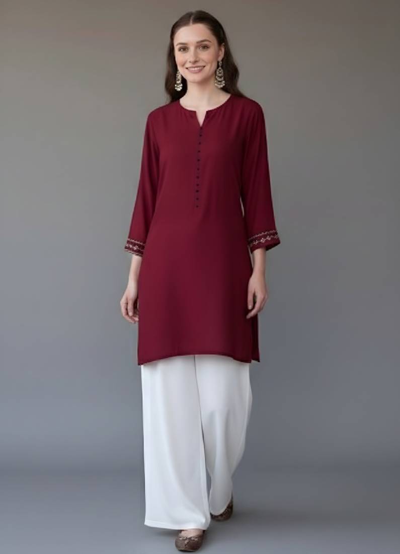 Maroon embroidered rayon kurta set