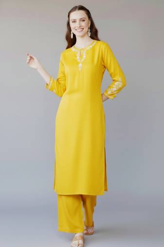 Yellow embroidered rayon kurta set