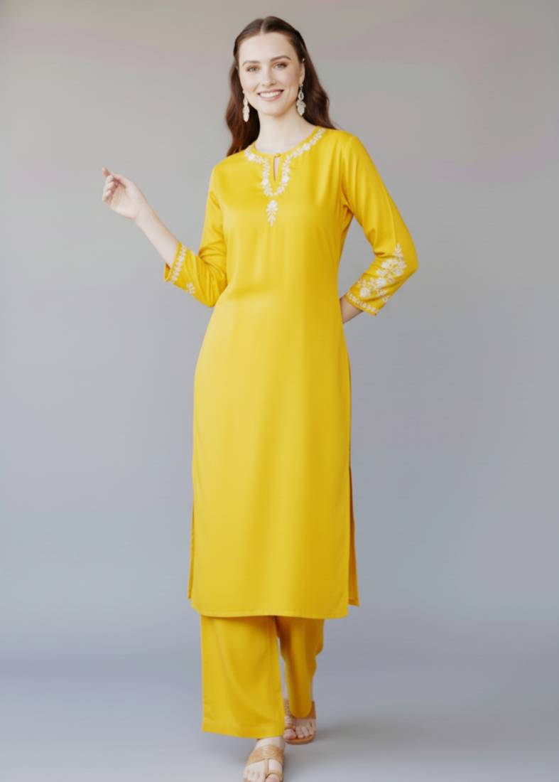 Yellow embroidered rayon kurta set