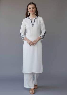 White embroidered rayon kurta set 1