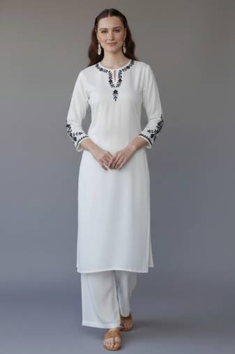 White embroidered rayon kurta set