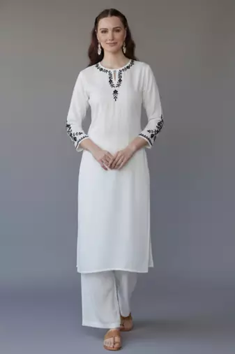 White embroidered rayon kurta set