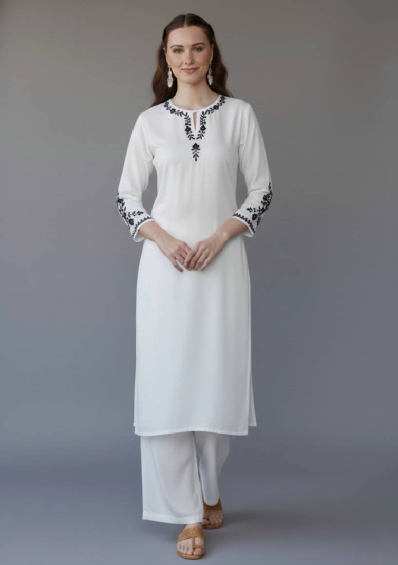 White embroidered rayon kurta set
