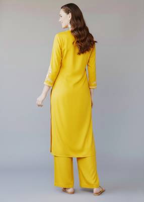 Yellow embroidered rayon kurta set 2