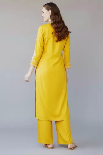 Yellow embroidered rayon kurta set