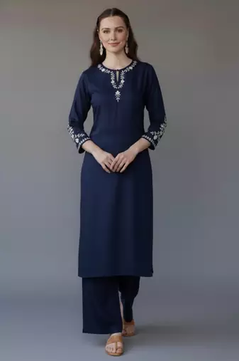 Navy embroidered rayon kurta set