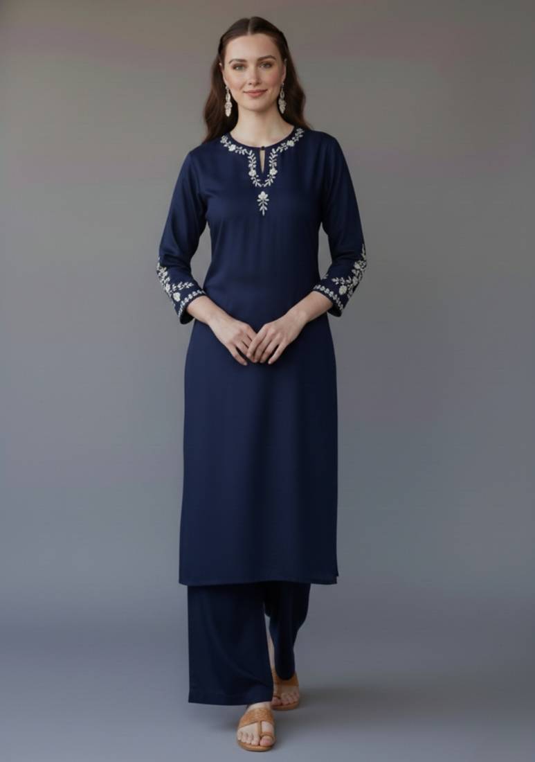 Navy embroidered rayon kurta set