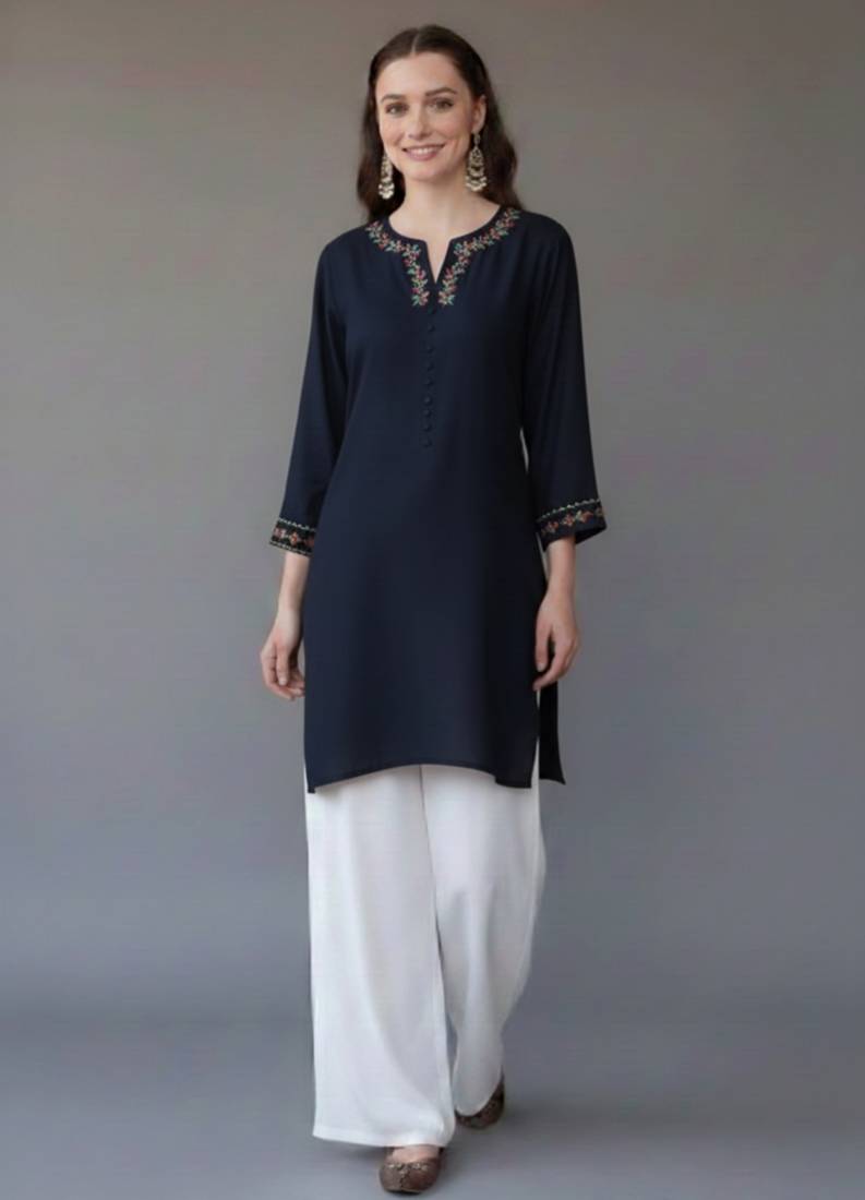 Navy  embroidered rayon kurta set
