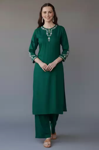 Green embroidered rayon kurta set