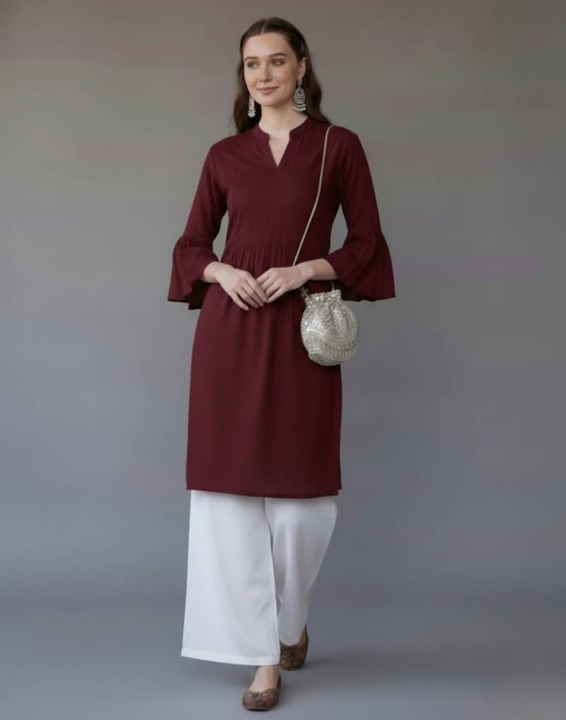 Maroon embroidered rayon kurta set