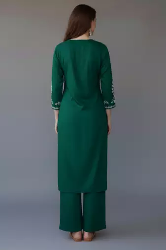 Green embroidered rayon kurta set