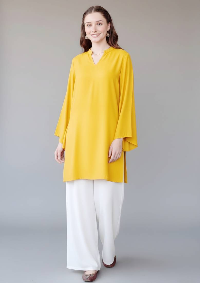Yellow embroidered rayon kurta set