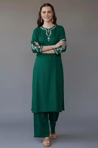 Green embroidered rayon kurta set