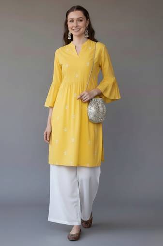 Yellow embroidered rayon kurta set