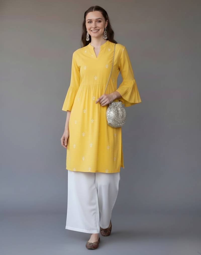 Yellow embroidered rayon kurta set