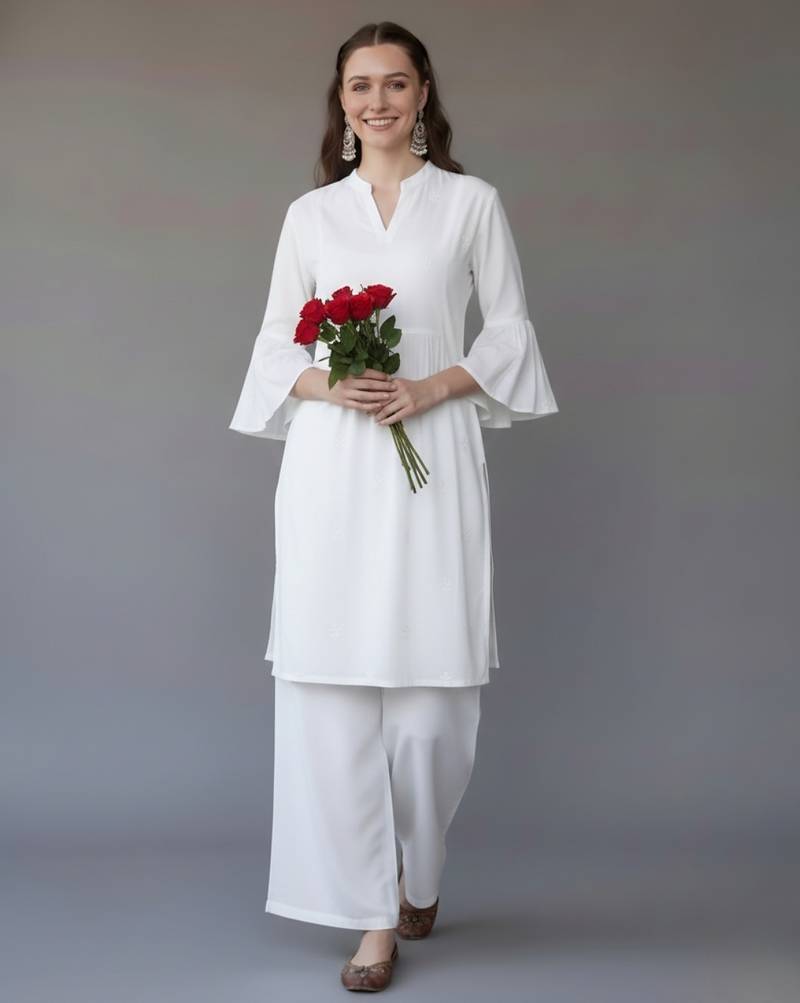 White embroidered rayon kurta set