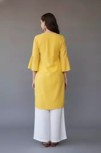 Yellow embroidered rayon kurta set
