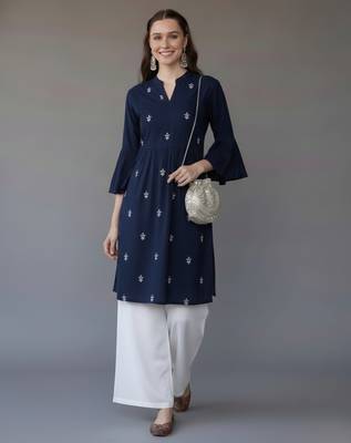 Navy embroidered rayon kurta set 1