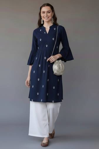Navy embroidered rayon kurta set